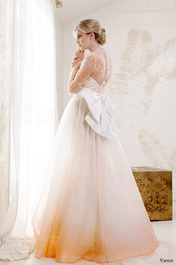 v souz bridal 2014 grace kelly long sleeve peach lace wedding dress side view bow