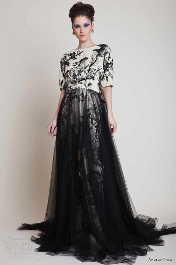 azzi and osta spring 2014 strapless couture black print dress tulle skirt