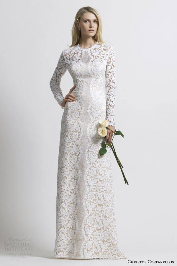 christos costarellos wedding dress 2014 cotton lace bridal gown long sleeve