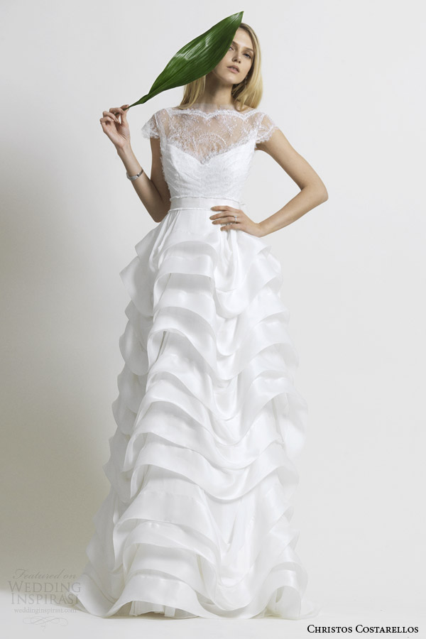 christos costarellos wedding dresses 2014 bridal gown cap sleeve lace bodice