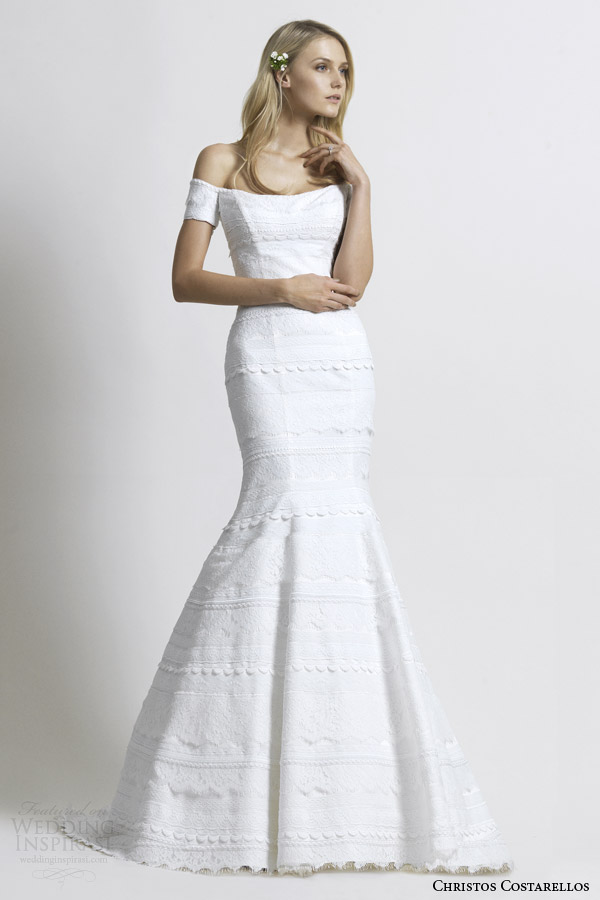 costarellos 2014 bridal gown off shoulder sleeves mermaid silhouette