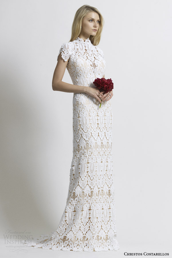 costarellos 2014 cap sleeve guipure lace wedding dress