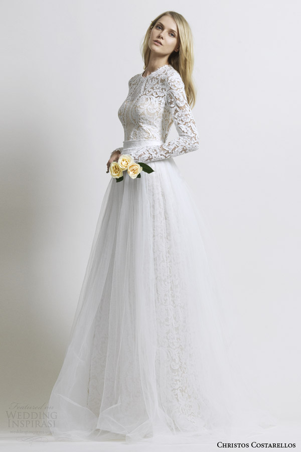 costarellos bridal 2014 long sleeve lace wedding dress tulle skirt