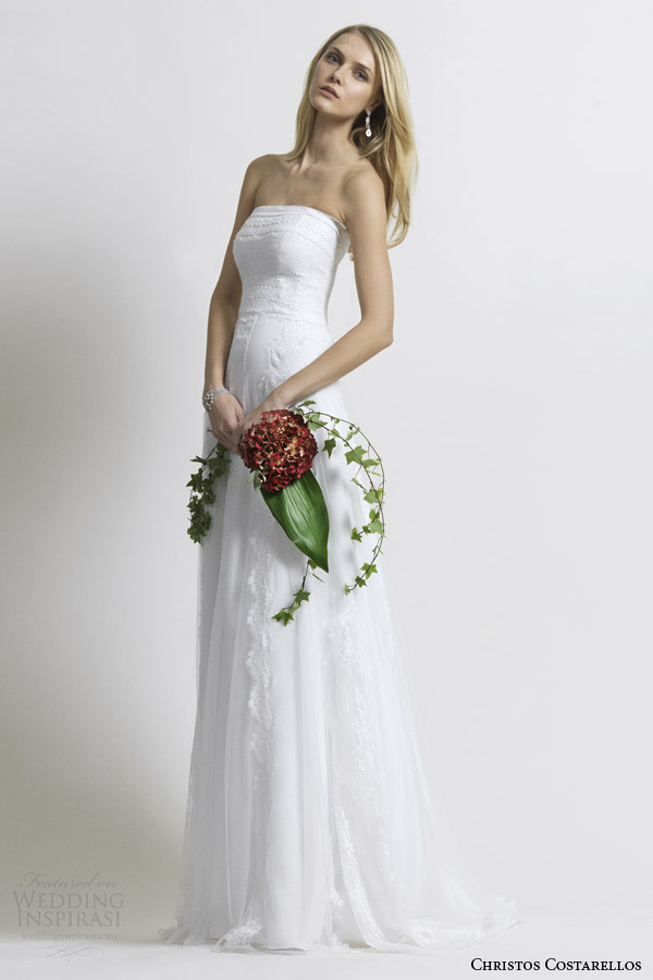costarellos bridal 2014 strapless wedding dress silk tulle chantilly lace