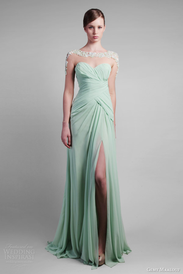 gemy maalouf spring 2014 couture pale green mint dress illusion sleeves