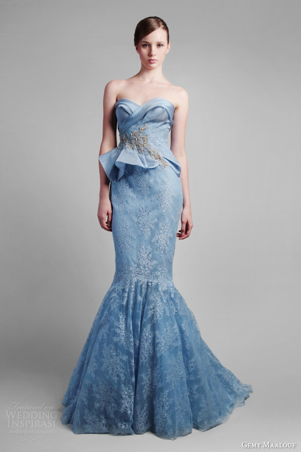 gemy maalouf spring summer 2014 couture strapless blue gown peplum