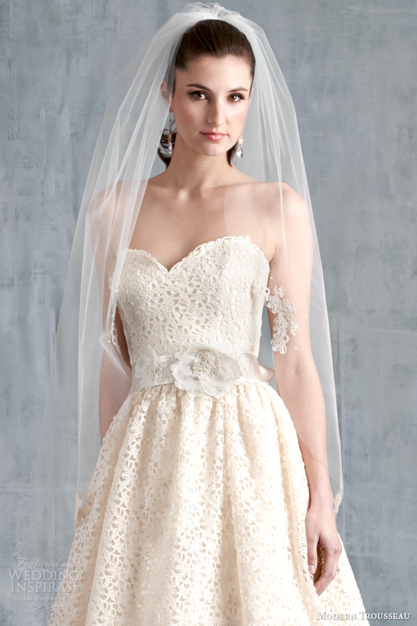 modern trousseau bridal spring 2015 edie strapless wedding dress close up