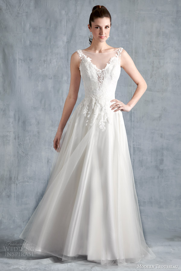 modern trousseau bridal spring 2015 faith sleeveless gown illusion neckline