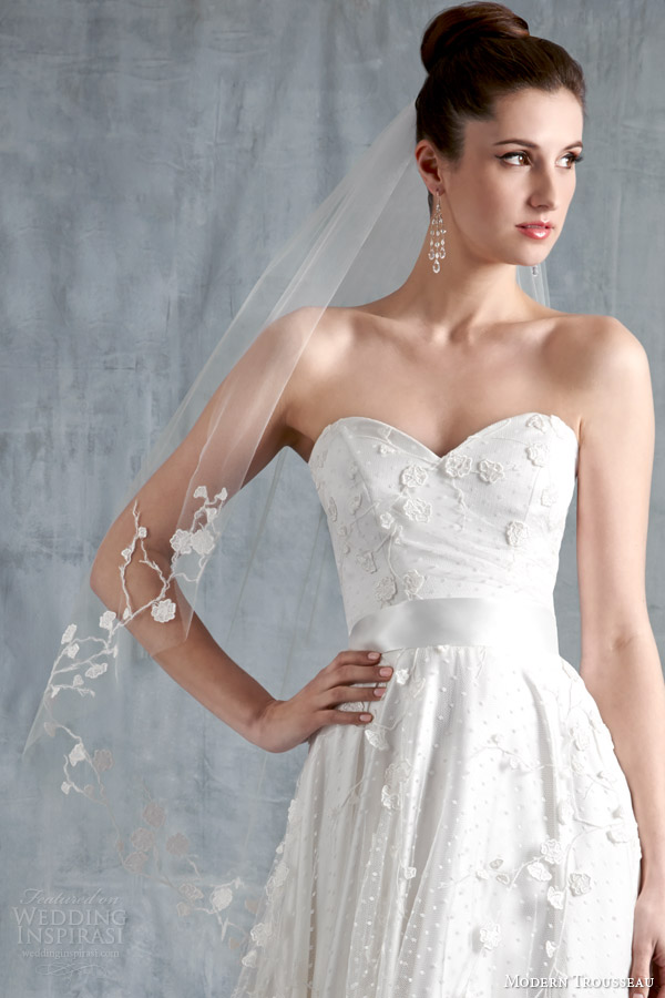 modern trousseau wedding dresses spring 2015 harmony veil strapless gown close up