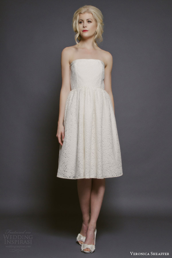 veronica sheaffer bridal fall 2014 chamomile strapless knee length lace wedding dress