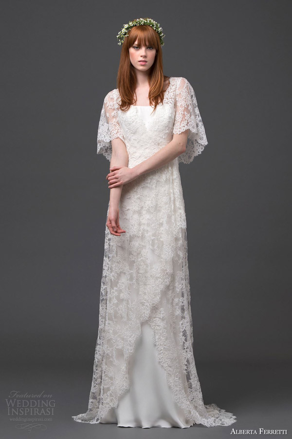 alberta ferretti bridal 2015 lace wedding dress flutter sleeves antares