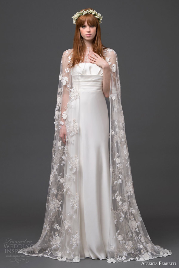 alberta ferretti bridal 2015 strapless wedding dress lace cape altair front view train