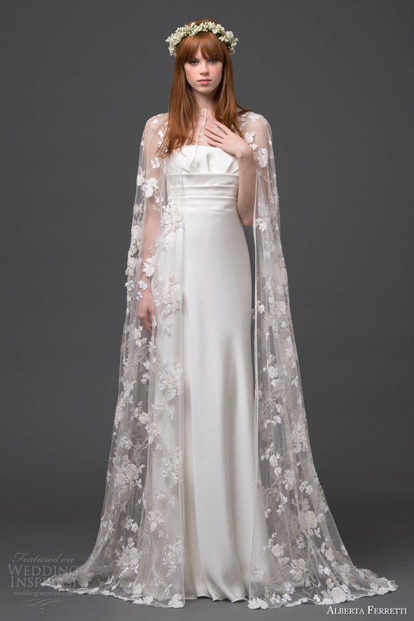alberta ferretti bridal 2015 strapless wedding dress lace cape altair front view train alberta ferretti bridal 2015 strapless wedding dress lace cape altair front view train