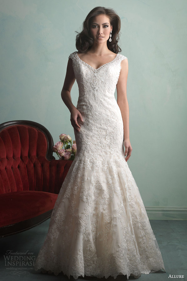 allure bridal fall 2014 modified a line wedding dress cap sleeves style 9151