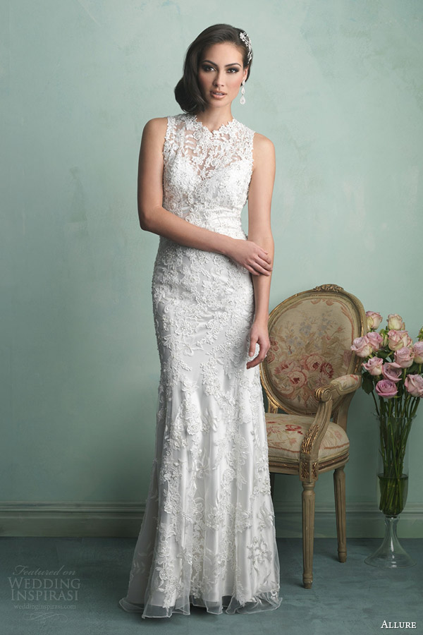 allure bridals fall 2014 sleeveless lace sheath wedding dress style 9160