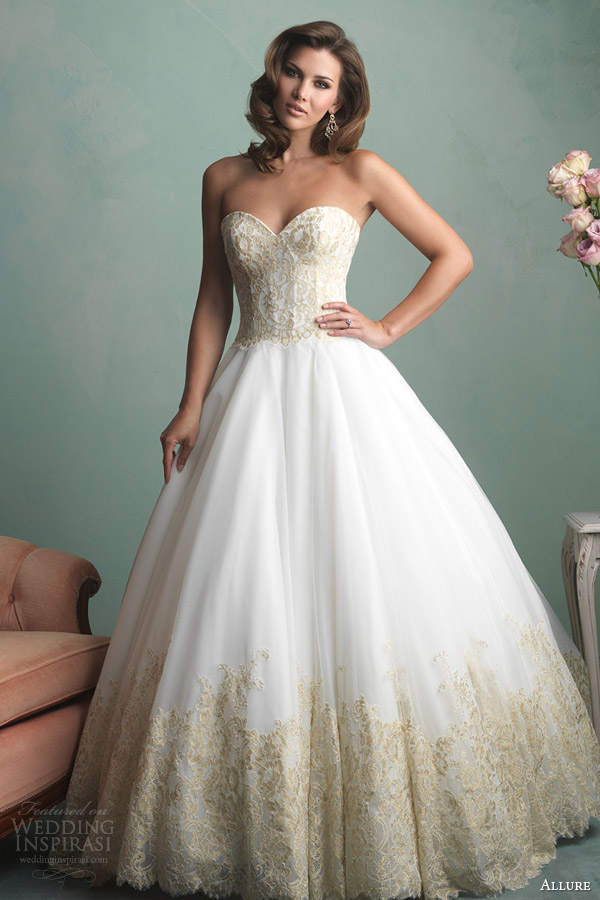 allure bridals fall 2014 strapless ball gown gold lace style 9171