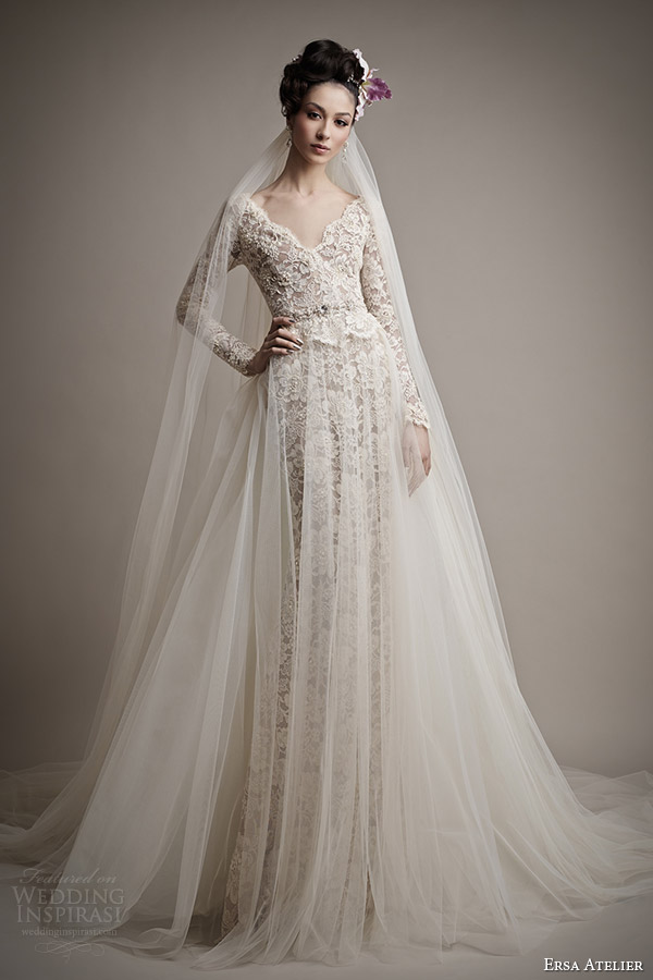 ersa atelier 2015 yatie long sleeve lace wedding dress tulle over skirt