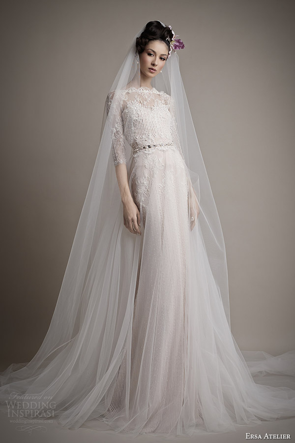 ersa atelier wedding dress 2015 melisse gown with illusion neckline sleeve top tulle overskirt