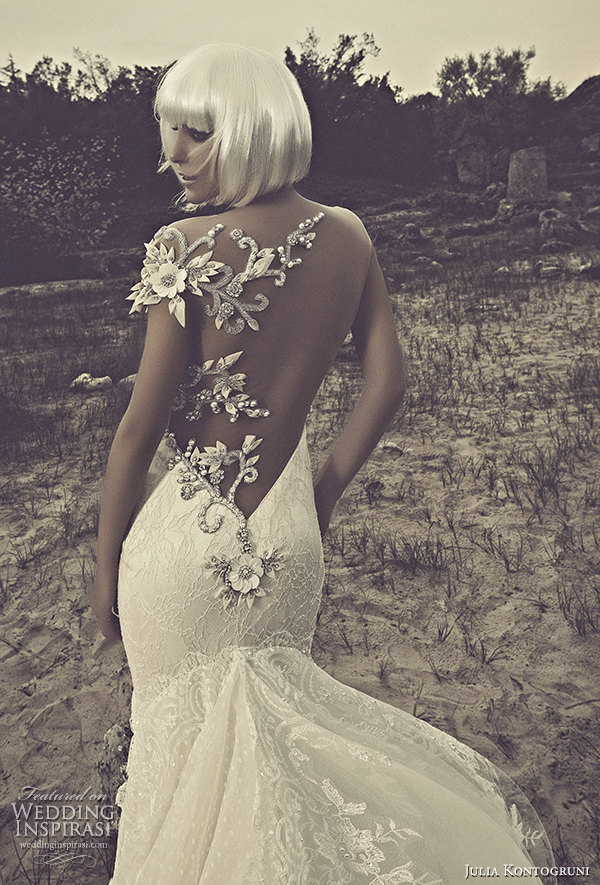 julia kontogruni 2015 mermaid wedding dress illusion back train close up view