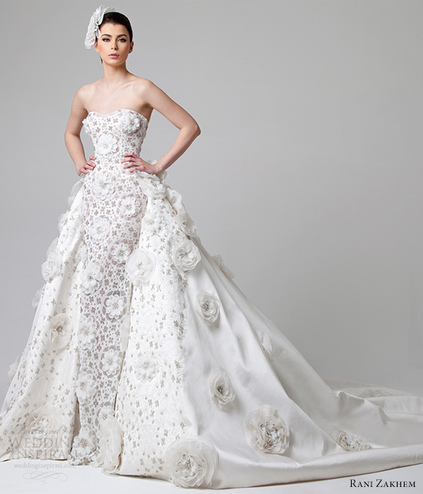 rani zakhem bridal spring 2014 strapless wedding dress over skirt train