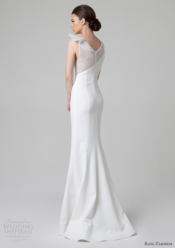 rani zakhem spring 2014 sheath wedding dress structured neckline back view