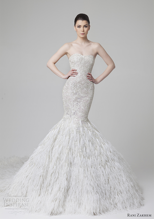 rani zakhem spring 2014 wedding dress mermaid feather skirt front view