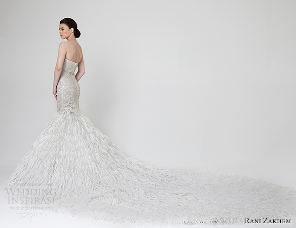 rani zakhem spring 2014 wedding dress mermaid feather skirt train back view