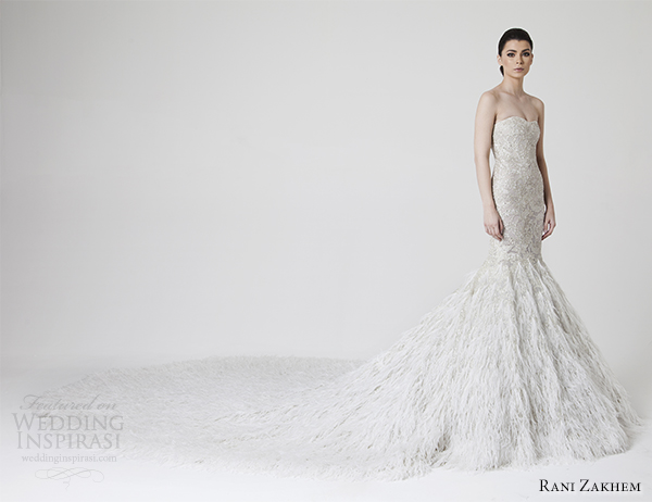 rani zakhem spring 2014 wedding dress mermaid feather skirt train front view