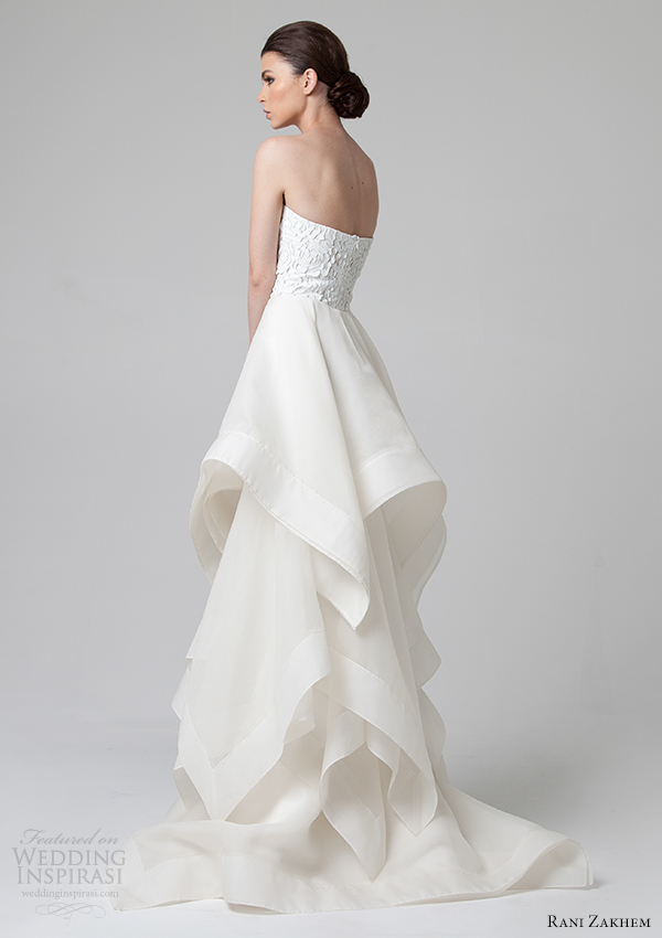 rani zakhem wedding dresses spring 2014 strapless gown hankerchief layered skirt back view