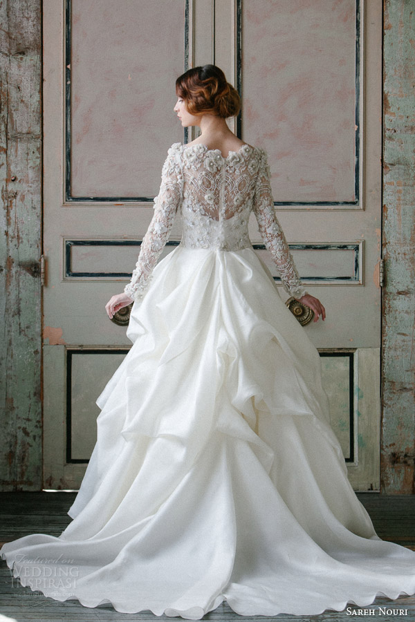 sareh nouri spring 2015 off shoulder long sleeve wedding dress asi back view