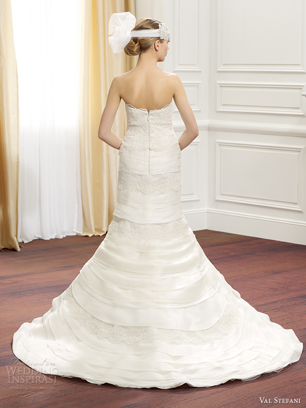 val stefani fall 2014 strapless mermaid wedding dress tiered skirt d8078 back view train