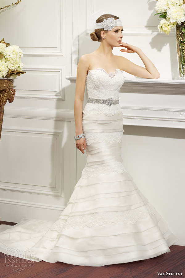 val stefani fall 2014 strapless mermaid wedding dress tiered skirt d8078 front view