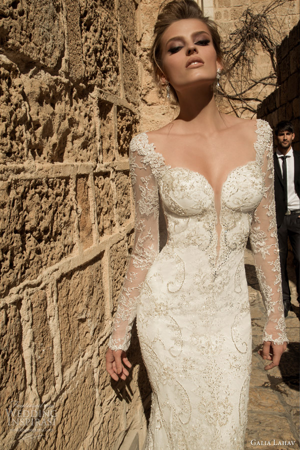 galia lahav bridal 2015 navona long sleeve sheath wedding dress close up
