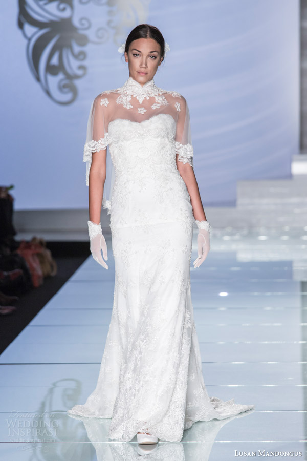 lusan mandongus bridal 2015 strapless wedding dress high neck sheer cap ay2903b