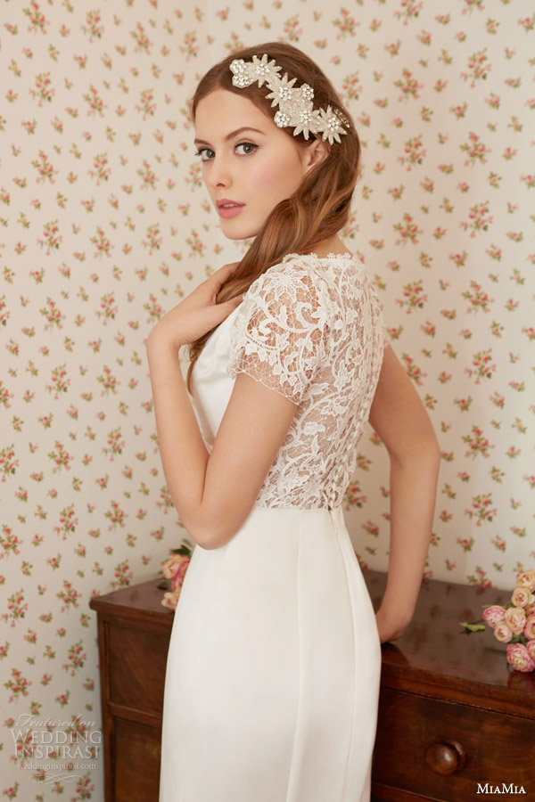 mia mia bridal 2014 pearl satin sheath wedding dress lace sleeves back view