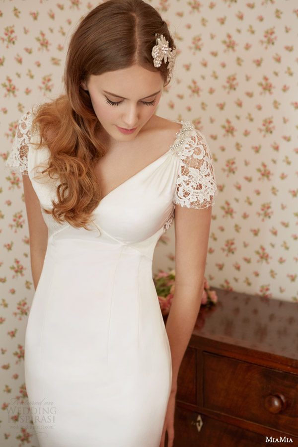 mia mia bridal 2014 pearl satin sheath wedding dress lace sleeves