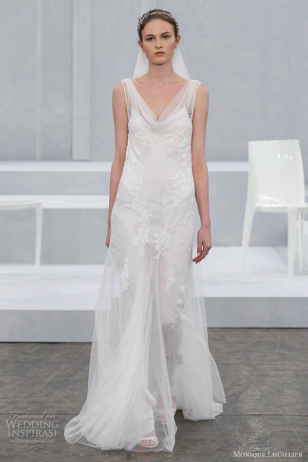 monique lhuillier bridal spring 2015 sleeveless wedding dress cowl neck sylvie