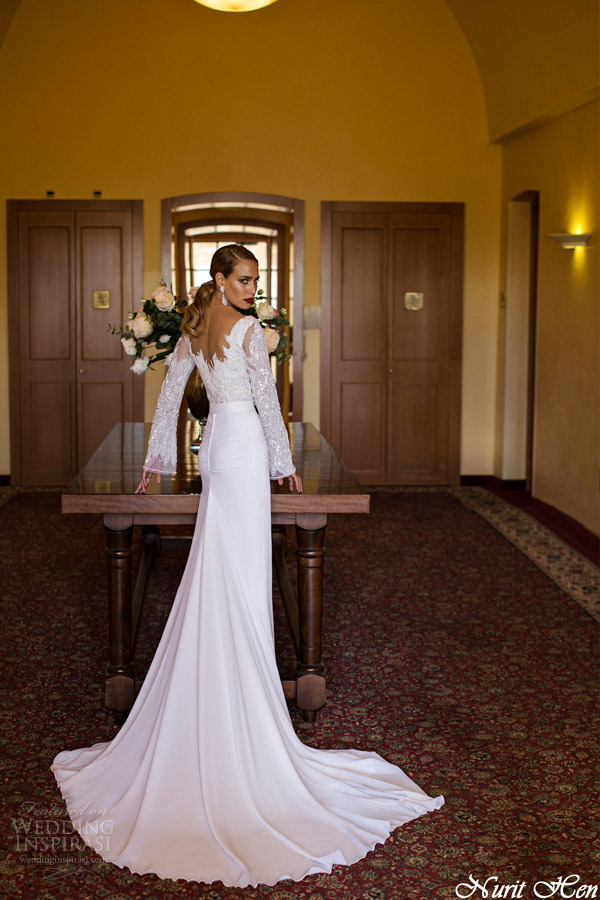 nurit hen bridal 2014 blouson gown with beaded long sleeve bodice back view