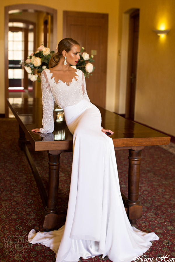 nurit hen bridal 2014 blouson gown with beaded long sleeve bodice