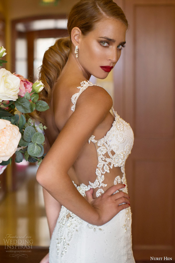 nurit hen bridal 2014 wedding dress lace straps close up