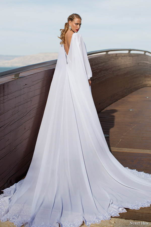 nurit hen bridal 2014 wedding dress long sleeve floor length cape back view