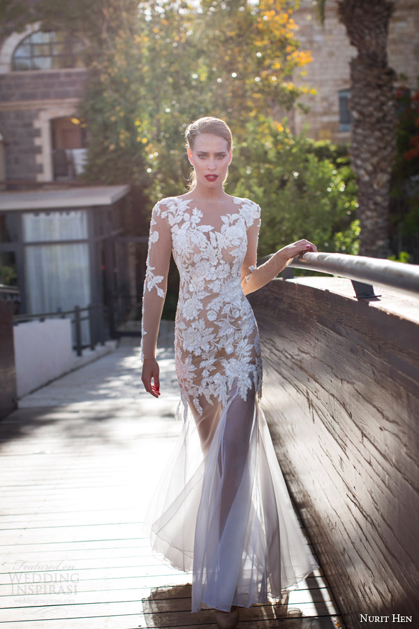 nurit hen bridal summer 2014 illusion long sleeve sheath wedding dress