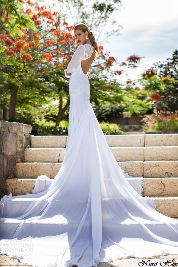 nurit hen bridal summer 2014 long sleeve wedding dress long train back view