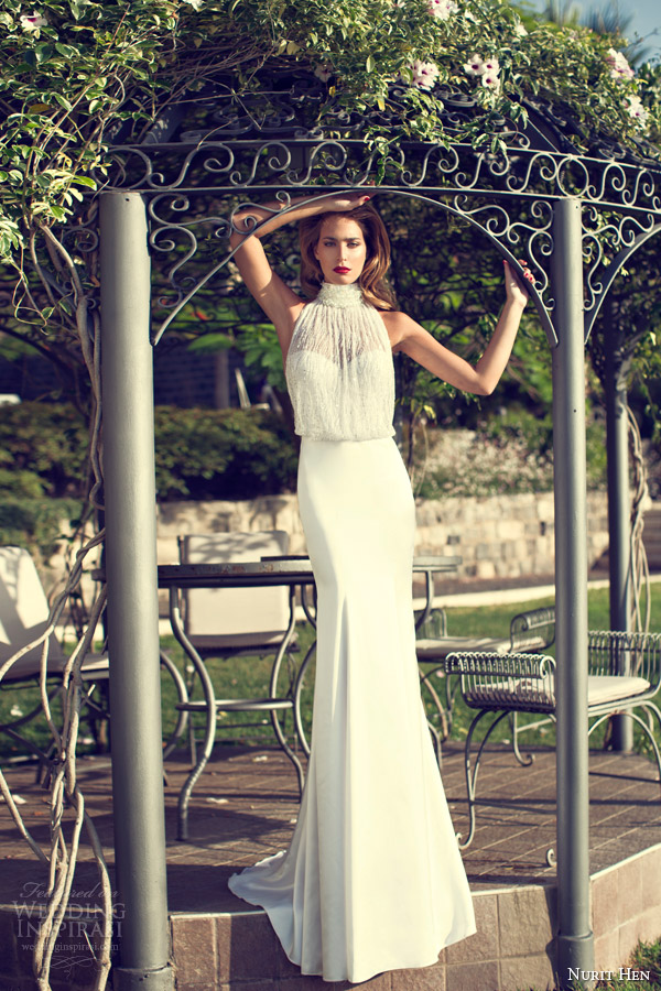 nurit hen bridal summer 2014 sleeveless halter neck blouson wedding dress