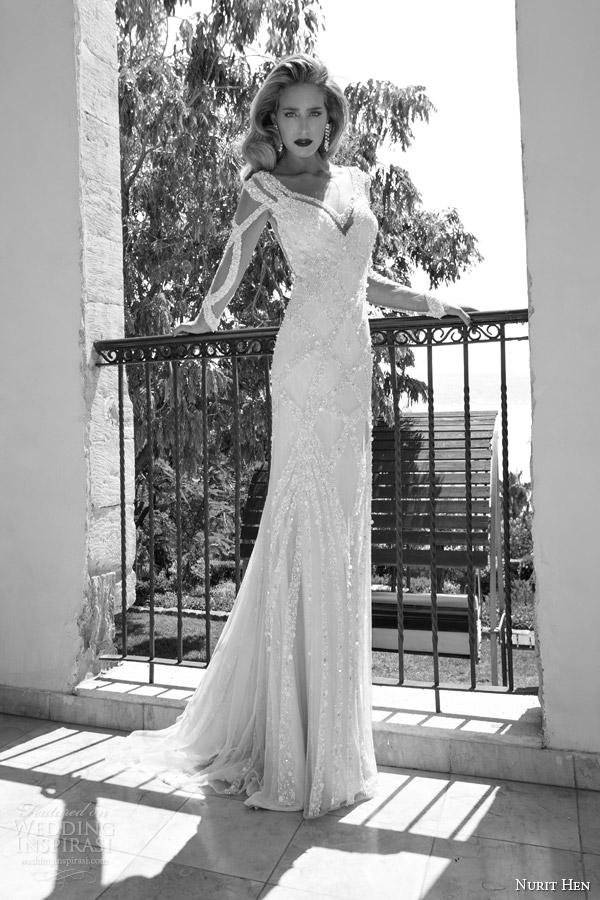 nurit hen summer 2014 bridal wedding dress long illusion sleeves full front view