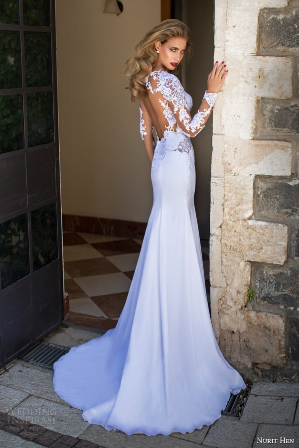 nurit hen summer 2014 illusion long sleeve wedding dress back view