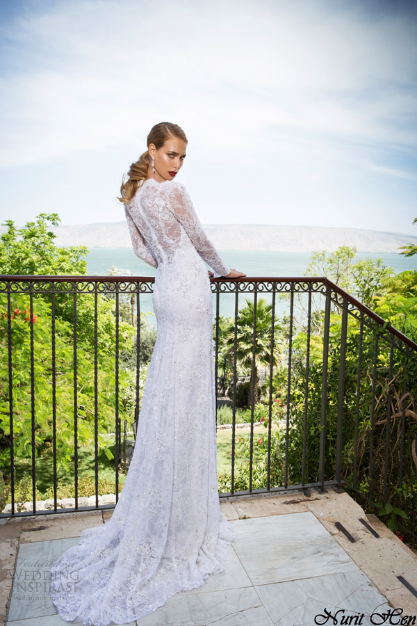 nurit hen wedding dresses 2014 long sleeve lace sheath gown back view