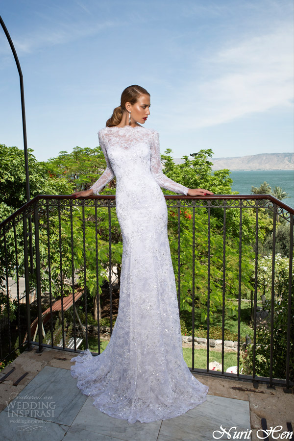 nurit hen wedding dresses 2014 long sleeve lace sheath gown