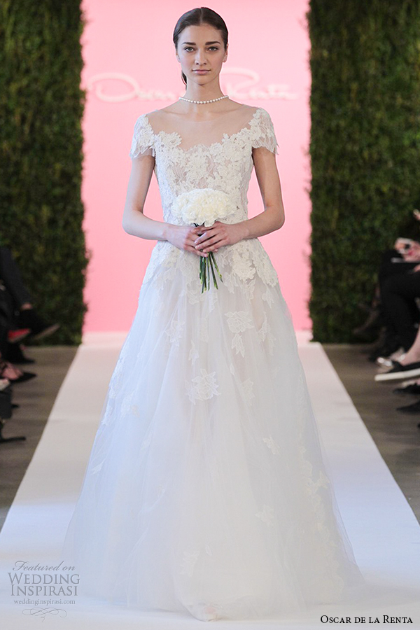 oscar de la renta bridal 2015 ivory chantilly lace a line cap sleeve wedding dress