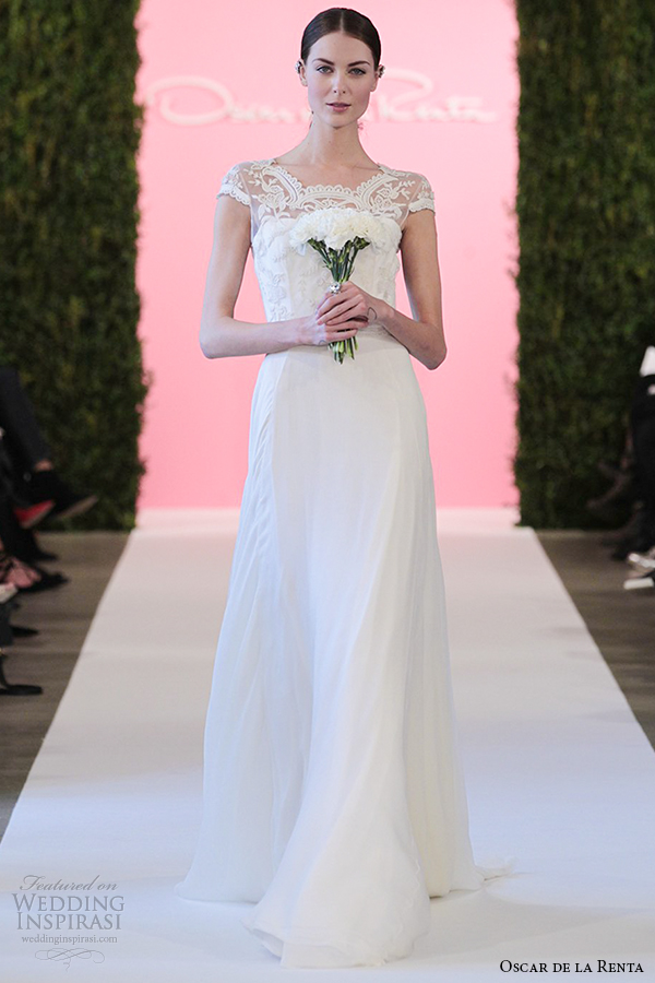 oscar de la renta bridal 2015 ivory crinkle silk chiffon a line wedding dress cornelia